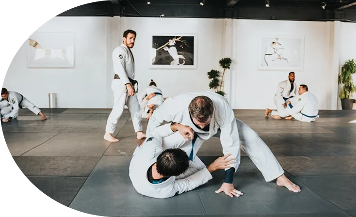 Lutte en salle, kata au coucher du soleil, combat au sol, entraînement de groupe en plein air et coup de pied sauté.