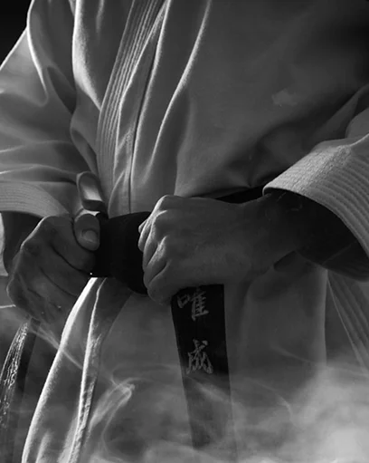 Gros plans sur le nouage des ceintures noire et jaune, salut traditionnel et saisies de combat.
