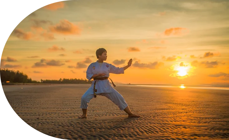 Karaté au coucher du soleil, salut traditionnel (rei), miniatures d'entraînement.